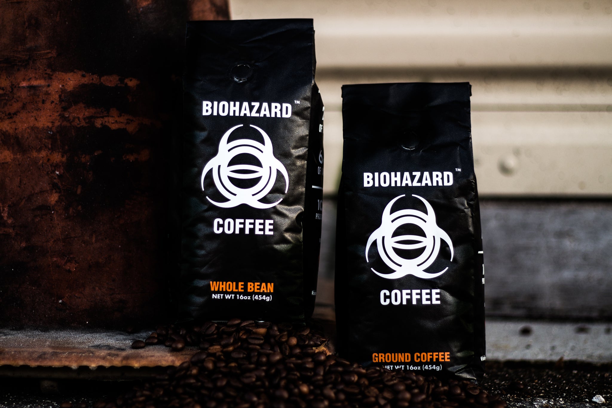 biohazard coffee ground and whole bean bags on ground